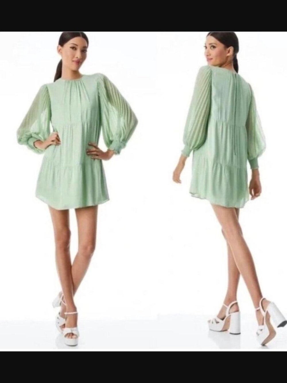 Alice + Olivia Antonette Blouson Pleated Sleeve Mini Dress Seafoam Visco $465.00
